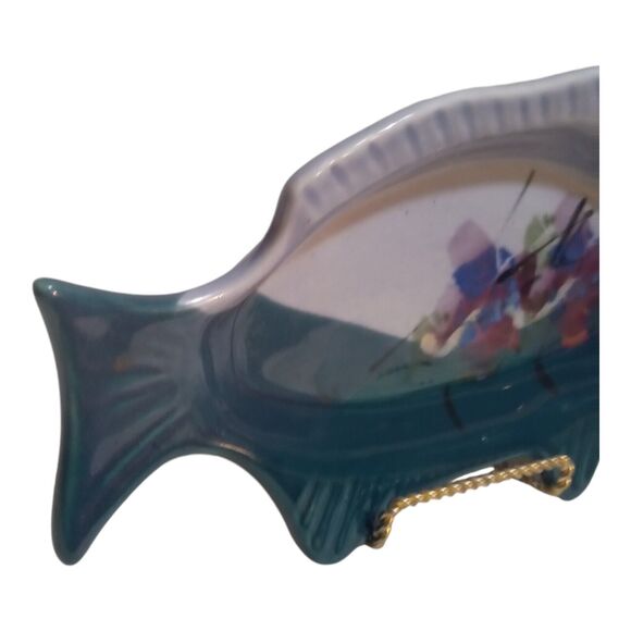 Kent Follette Signed Art Pottery 12½" Royal Blue Floral Fish Shaped Tray - Picture 7 of 10